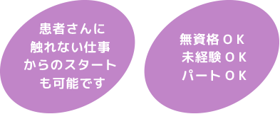 患者さんに触れない仕事からのスタートも可能です　無資格OK、未経験OK、パートOK